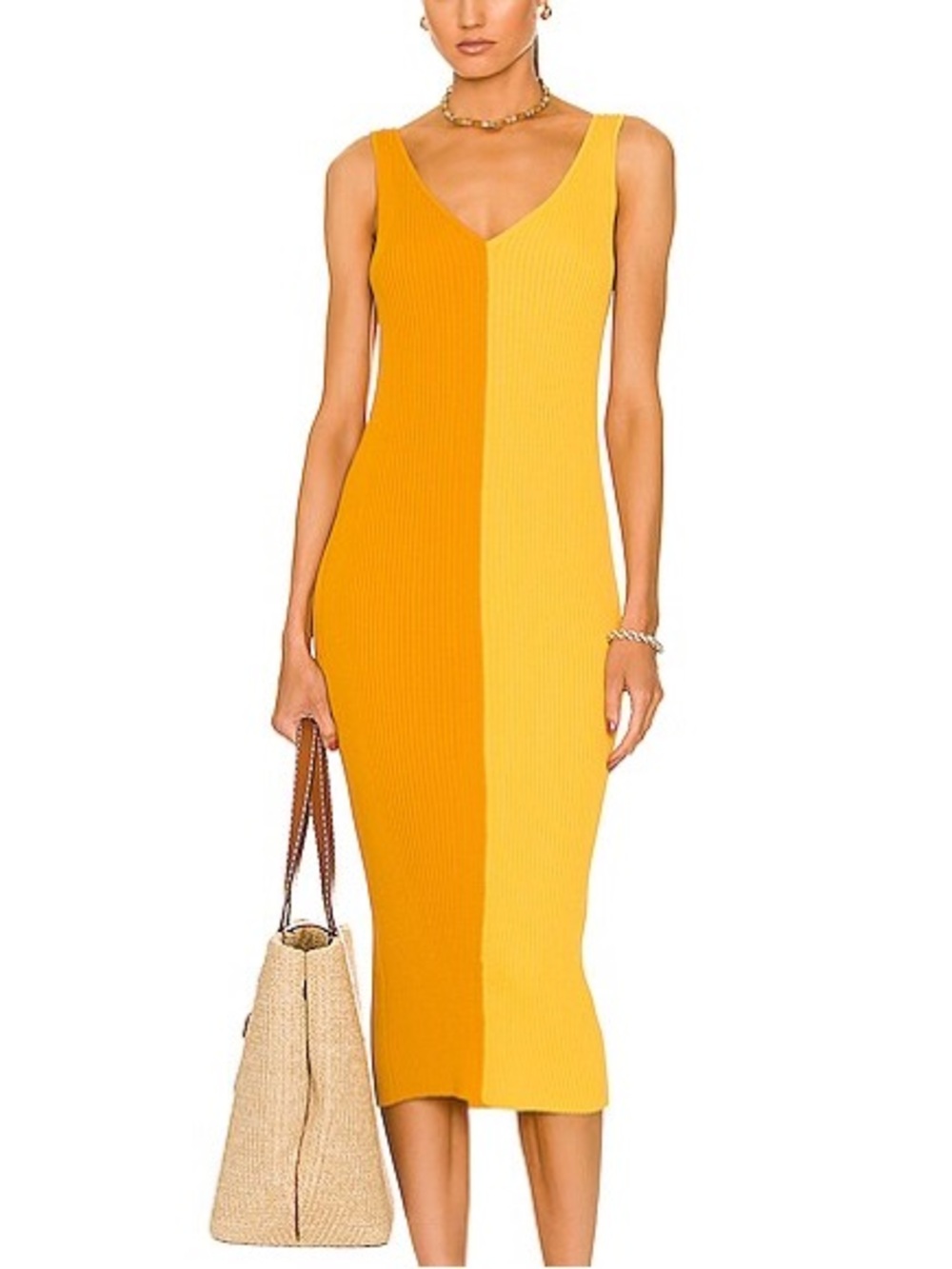 STAUD Ribbed Knit Dana Dress in Honey Goldie Two-Tone Yellow V-Neck Small
